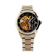 acero inoxidable banda reloj de pulsera esqueleto mecánico con la mano luminosa de oro + negro