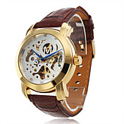 totalmente automático mechnical de cuero marrón banda reloj de pulsera con esfera plateada hueco grabado