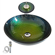 Colorful Round Tempered glass Vessel Sink With Waterfall Faucet ,Pop - Up drain and Mounting Ring