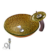 Victory Leopard Round Tempered Glass Vessel Sink With Waterfall Faucet ,Pop - Up drain and Mounting Ring