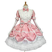 Long Sleeve Puff Sleeve Knee-length Pink White Sweet Lolita Dress with Cute Bow