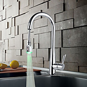 Solid Brass Chrome Finish Kitchen Faucet with Color Changing LED Light