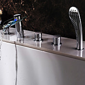 Contemporary Chrome Finish Two Handles Color Changing LED Waterfall Glass Tub