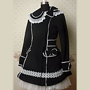 Long Sleeve Knee-length Black Jazz Wool Classic Lolita Coat with White Lace