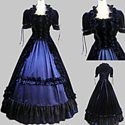 Short Sleeve Floor-length Ink Blue Satin Velvet Aristocrat Lolita Dress
