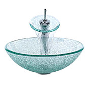 Transparent Cracked Style Tempered Glass Vessel Sink with Waterfall Faucet, Mounting Ring and Water Drain