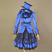 Long Sleeve Knee-length Blue Cotton Gothic Lolita Outfit with Ruffles