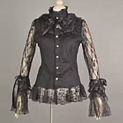 Kant met lange mouwen Zwart Katoenen Stand Collar Gothic Lolita Blouse met Kant