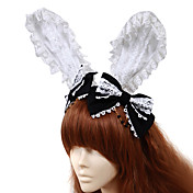 Handmade White Cotton Bunny Ears Black Bow Classic Lolita Headband