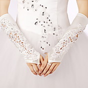 Delicate raso / pizzo senza dita lunghezza del gomito da sposa / sera Guanti con strass
