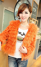Long Rex Rabbit Fur Sleeve Collarless Office/Party Lamb Fur Jacket (More Colors)