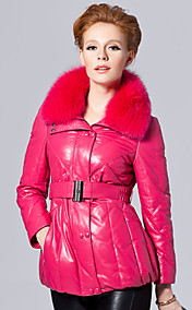 Fantastic Long Sleeve Fox Fur Turndown Collar Lambskin Leather Casual/Party Coat (More Colors)