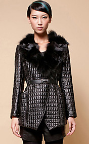 Long Sleeve Fox Fur Shawl Collar Lambskin Leather Casual/Party Coat (More Colors)