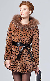 Longue Raccoon Collar manches avec capuche fourrure de lapin rex Casual / Parti Manteau