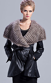 Long Sleeve Mink Fur Shawl Collar Lambskin Leather Casual/Party Coat