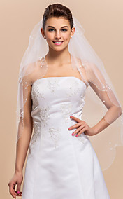 Two-tier tule vingertop Lengte bruiloft sluier met kralen / geschulpte rand