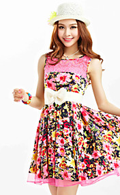 TS Print Lace Stitching Belt Dress