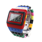  Rainbow - Multicolor Block Bricks Design Band Wrist Watch with LED Night Light - Red