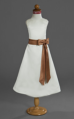 A-line Jewel Neckline Tea-length Satin Flower Girl Dress
