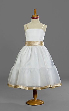 A-line Spaghetti Straps Tea-length Satin Tulle Junior Bridesmaid Dress