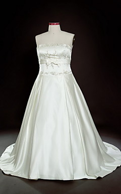 A-line Strapless Court Train Satin Plus Size Wedding Dress