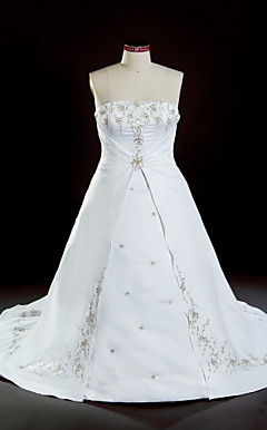 A-line Strapless Chapel Train Satin Plus Size Wedding Dress