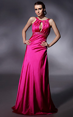 A-line Jewel Neckline Floor-length Stretch Satin Evening Dress