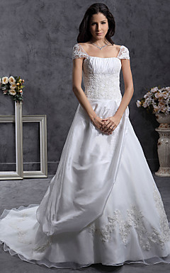 A-line Off-the-shoulder Court Train Organza Taffeta Wedding Dress