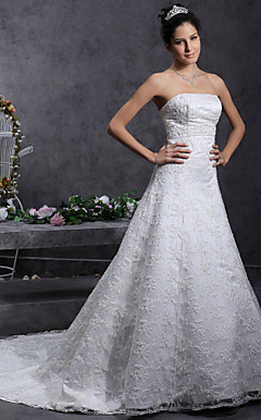 A-line/Princess Strapless Court Train Lace Over Satin Wedding Dress