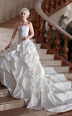 Ball Gown Strapless Cathedral Train Satin Lace Pick-up Wedding Dress