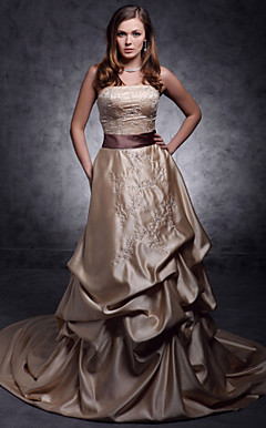 A-line Strapless Chapel Train Satin Wedding Dress with Ribbon