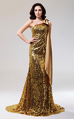 Sheath/Column One Shoulder Court Train Sequined And Stretch Satin Evening Dress