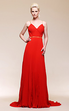 Chiffon A-line Spaghetti Straps Sweep/ Brush Train Evening Dress inspired by Selena Gomez