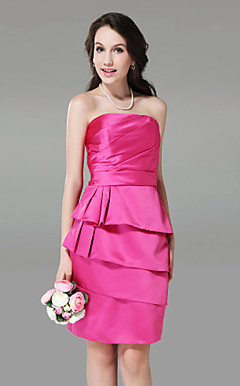 Sheath/ Column Strapless Knee-length Tiered Satin Bridesmaid Dress