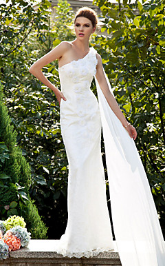 Trumpet/Mermaid One Shoulder Sweep/Brush Train Lace Wedding Dress