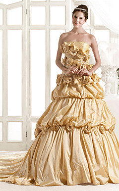 A-line Strapless Court Train Taffeta Tulle Wedding Dress