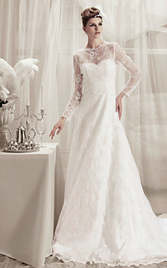A-line Jewel Court Train Lace Satin Wedding Dress