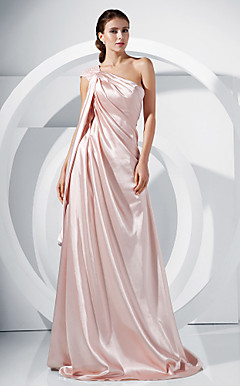 A-line One Shoulder Sweep/ Brush Train Satin Evening Dress