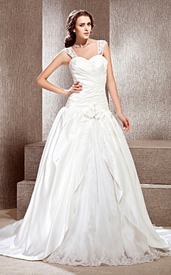 A-line Off-the-shoulder Chapel Train Satin Lace Wedding Dress