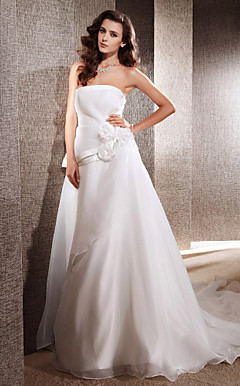 A-line Strapless with Flowers Cathedral Train Organza Satin Wedding Dress
