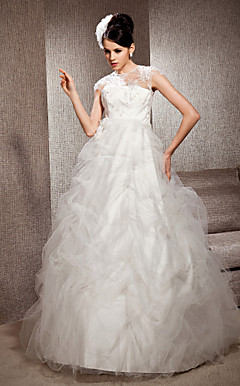 A-line Jewel Floor-length Tulle Lace Wedding Dress