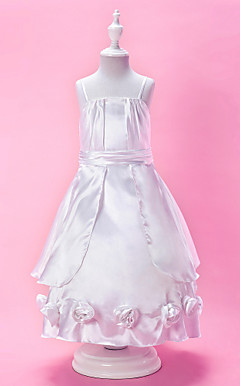 A-line Spaghetti Strap Ankle-length Stretch Satin Flower Girl Dress