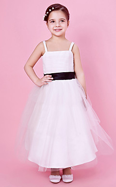 A-line Spaghetti Strap Tea-length Tulle And Satin Flower Girl Dress With Sash/Ribbon