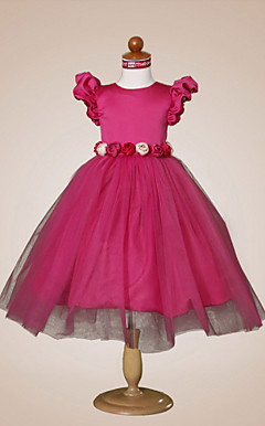 Ball Gown Jewel Knee-length Puff Balloon Satin Tulle Flower Girl Dress
