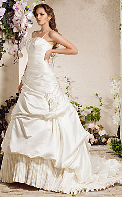A-line Spaghetti Straps Chapel Train Satin Wedding Dress