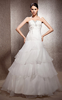 A-line Strapless Floor-length Organza Satin Wedding Dress