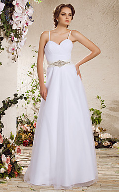 uma linha de cintas de espaguete assoalho-comprimento vestido de noiva de tule