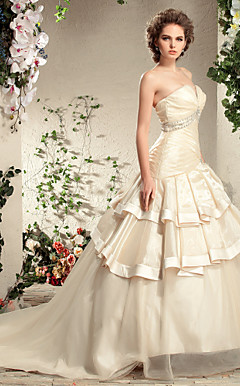A-line Strapless Court Train Organza Satin Wedding Gown