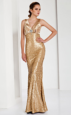 Trumpet/ Mermaid V-neck Floor-length Sequined Satin Evening Dress