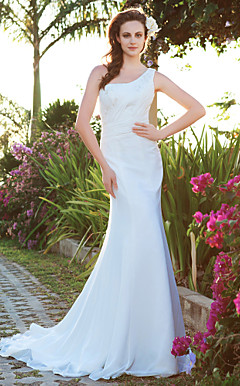 Trumpet/Mermaid One Shoulder Court Train Chiffon Lace Wedding Dress